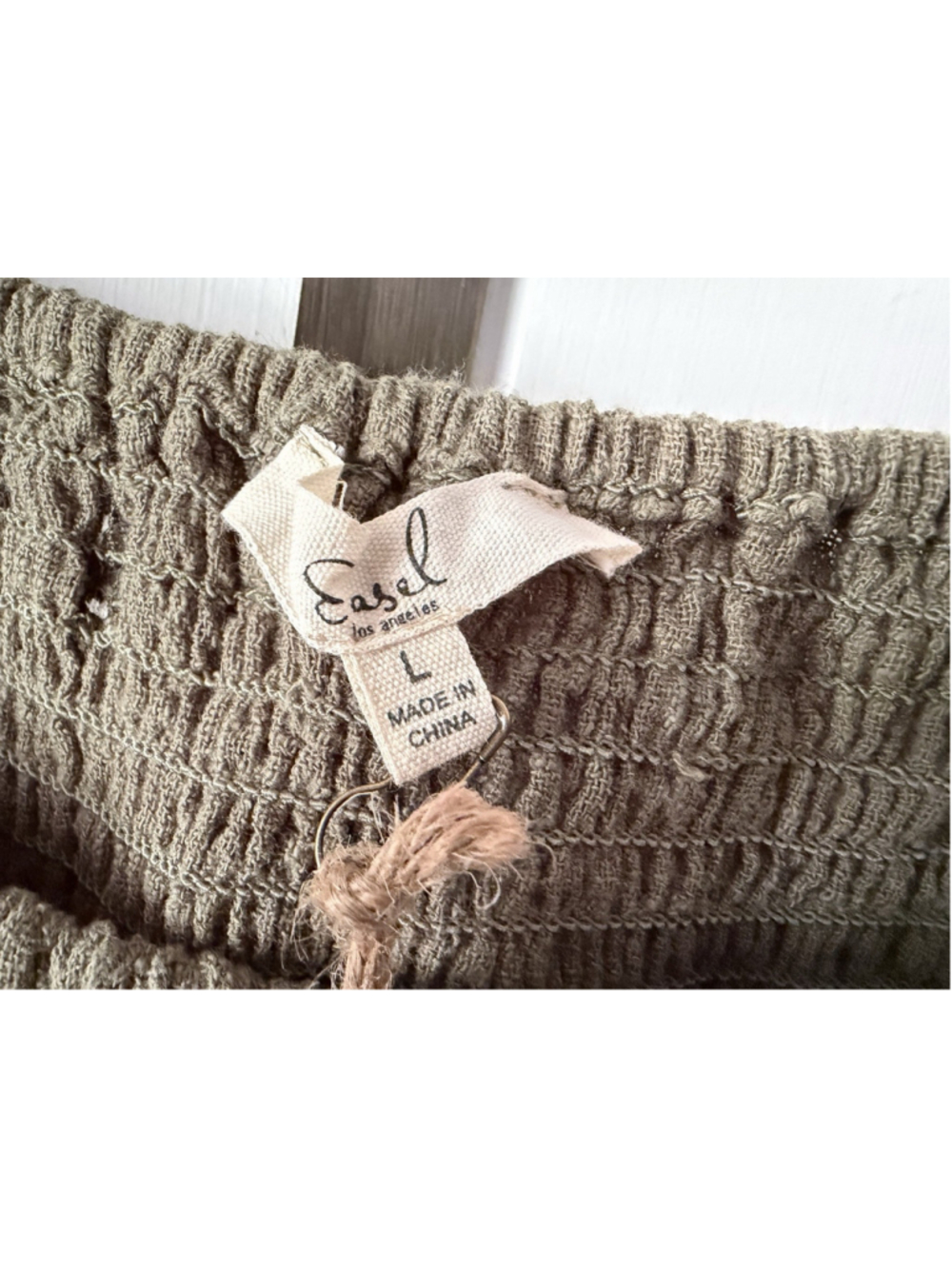 Easel Los Angeles Olive Green 100% Cotton Smocked Midi Dress L Boho Cottagecore - Picture 4 of 5